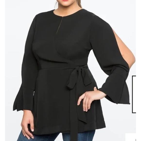 Eloquii Tops - Eloquii Black Split Long Sleeve Tie Belt Wrap Top